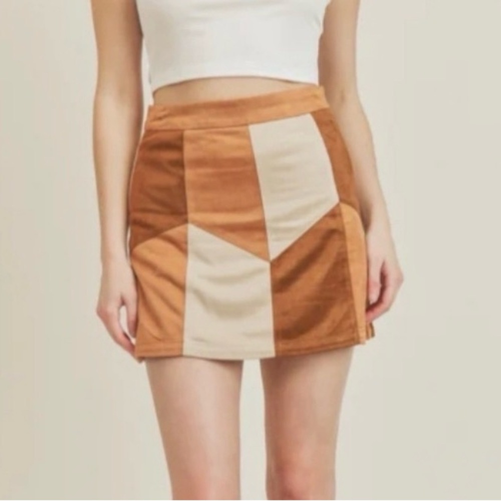 🎉Altar'd State Patchwork Mini Skirt in Suede Tan and Cream!